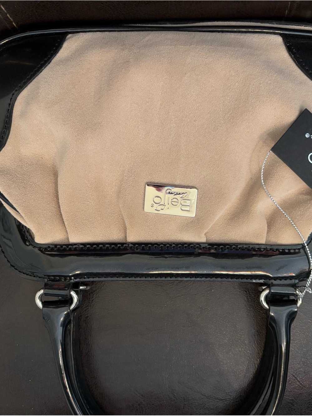 Beijo Black Patent Satchel with Beige Suede Lining